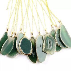 Green Agate Slice Charm Necklace w/ Gold Tone Trim, Agate Rock, Healing Gemstone